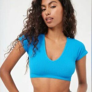 Garage Stacie Short Sleeve Ribbed V-Neck - NWOT - S - Bright Blue